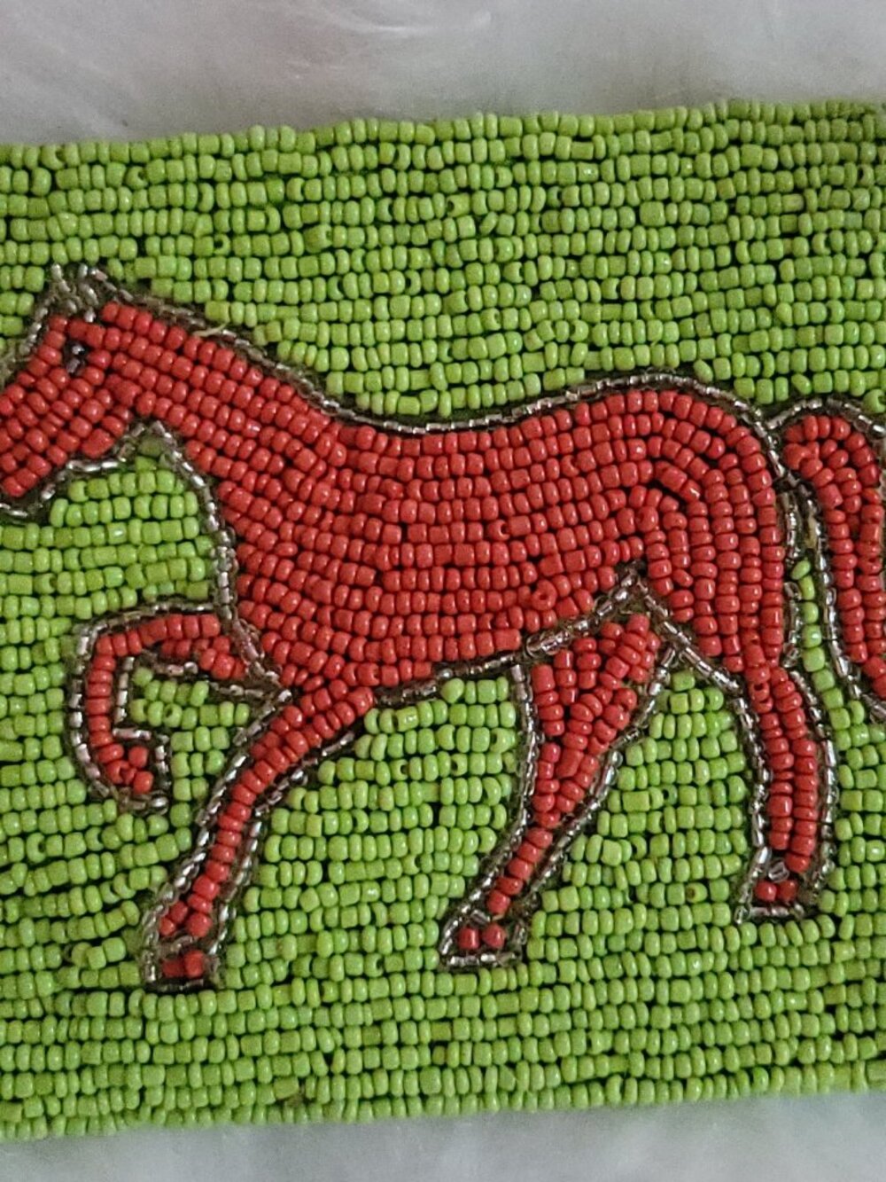 Vintage/Antique Handmade Glass Seed Bead Horse Wallet Pouch Silk Lining